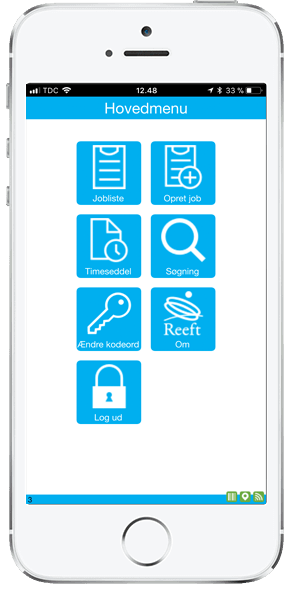 Reeft ordrestyring app. Hovedmenu på montør app.